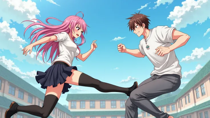 Web novel and manga anime illustration. Against the backdrop of a schoolyard under a blue sky with white clouds, two agers in school uniforms collide in a dynamic scene.  A girl with long pink hair, with fluttering strands, with short brown hair and a smug...