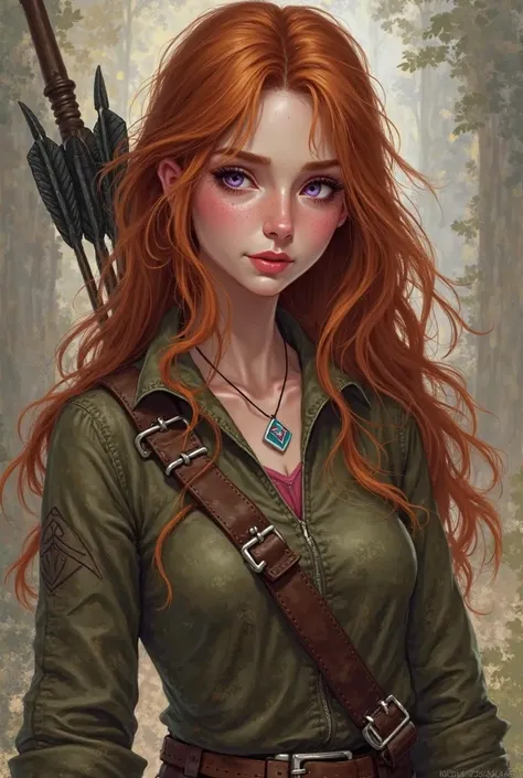 Create the image of my NPC from my Dungeons and Dragons tabletop RPG campaign, She is a red-haired woman with delicate features but a face with a certain mischief, She has purple eyes and brown hair, She's wearing the clothes of an adventurer/Warrior and h...