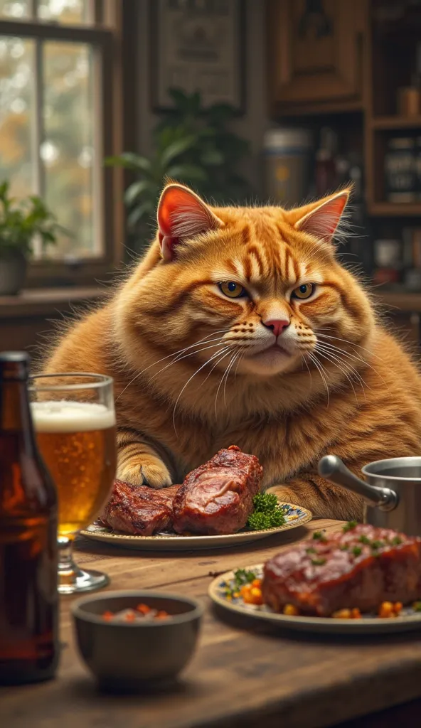 An obese, round orange-colored cat, He's sitting at a table with a pig , they are both drinking beer in a glass of choop, Are the cat and the pig eating roasted meat, Are there beer bottles and food pots on the table."Realistic image"