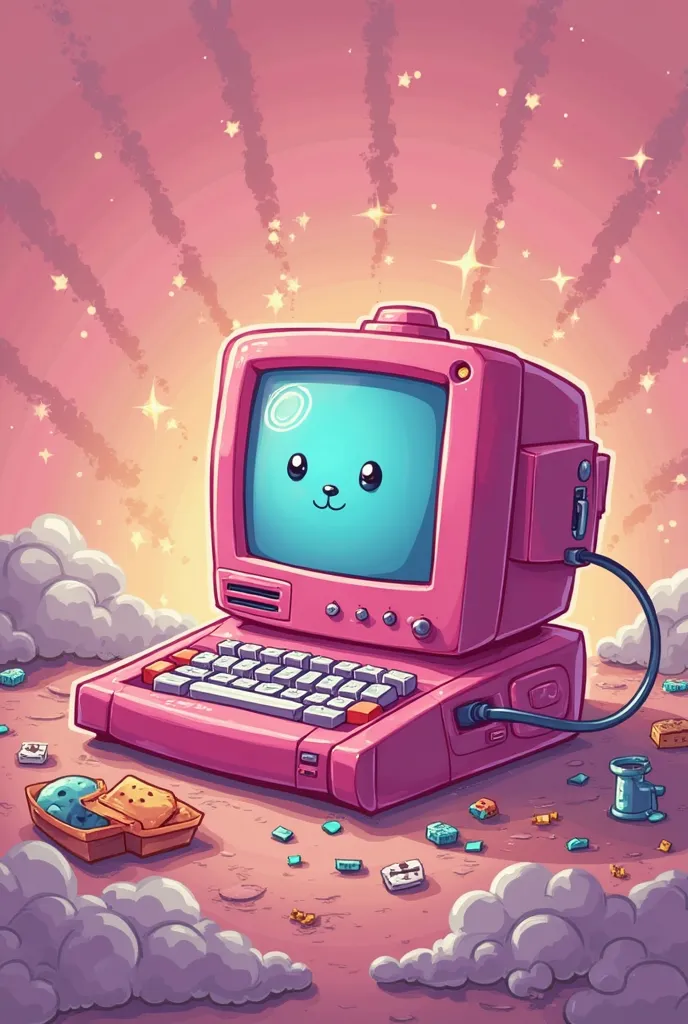 cartoon about a pink computer with a cartoon character on it,   background image  , official work, lucky star, sticky tar . concept art, star, стиль loony tunes, video game cover,   official fan  , [ digital art ]!!,  game art !!, promo art,  video game fa...