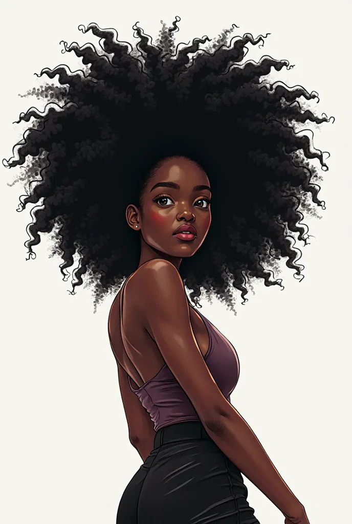 Black power hair model for female character, in anime style with white background. Just the hair model, faceless, body and other parts