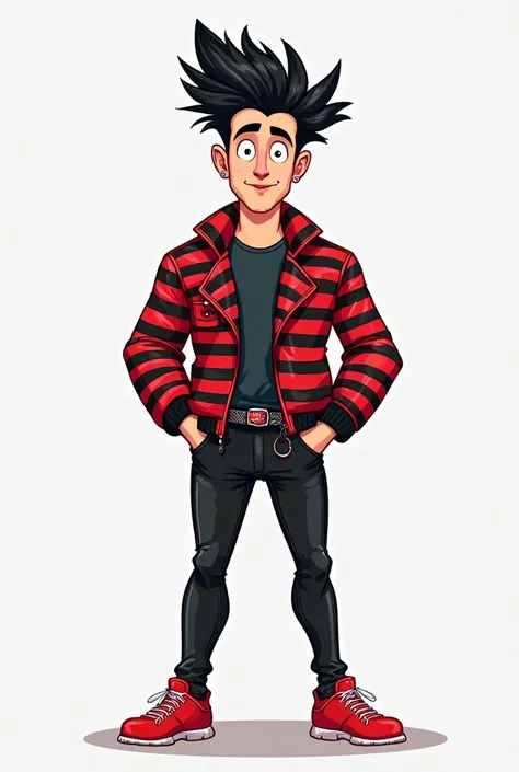  I need a cartoon character, man, with black hair standing up and a red-on-black striped jacket with black sequin pants and red shoes 
