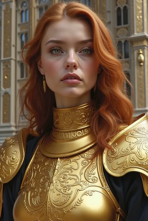 A close up of a woman in a golden suit of the VIRGO SIGN of the Knights of the Zodiac, in full body,  in front of a building.