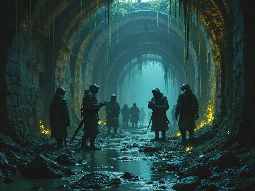 Make the scene of a sewer at night: it is illuminated by fluorescent fungi on the sides of the canals, clandestine merchants sell their products to lizardfolks.