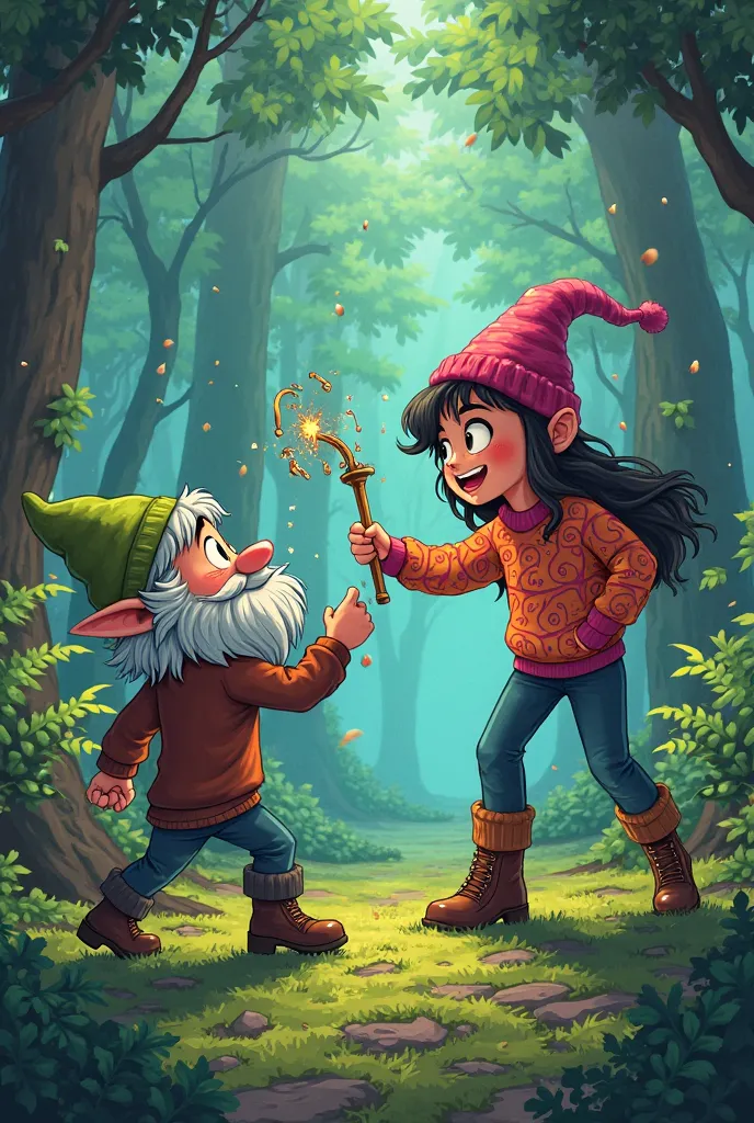 Mabel from Gravity falls fighting a masterful gnome in the woods 