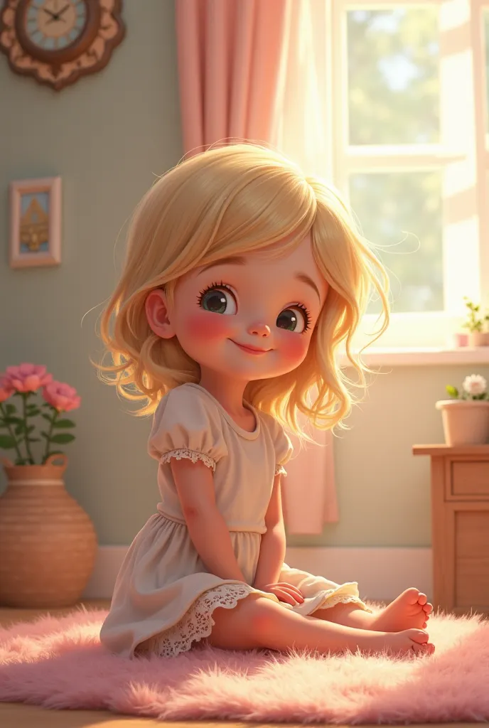 create a little blonde girl with light eyes with a smile on her face Disney style sitting on the floor playing