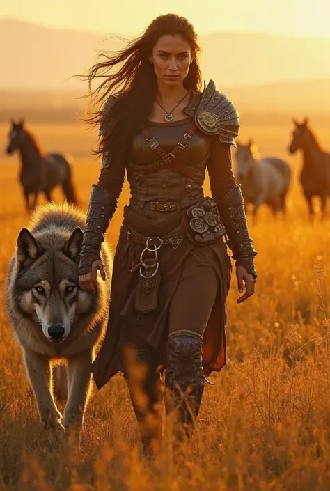 "A fierce female warrior in detailed leather and metal armor walks through a vast golden grassland at sunset, accompanied by a large loyal wolf. Her long dark hair flows in the wind, and she has a determined, battle-ready expression. In the background, wil...