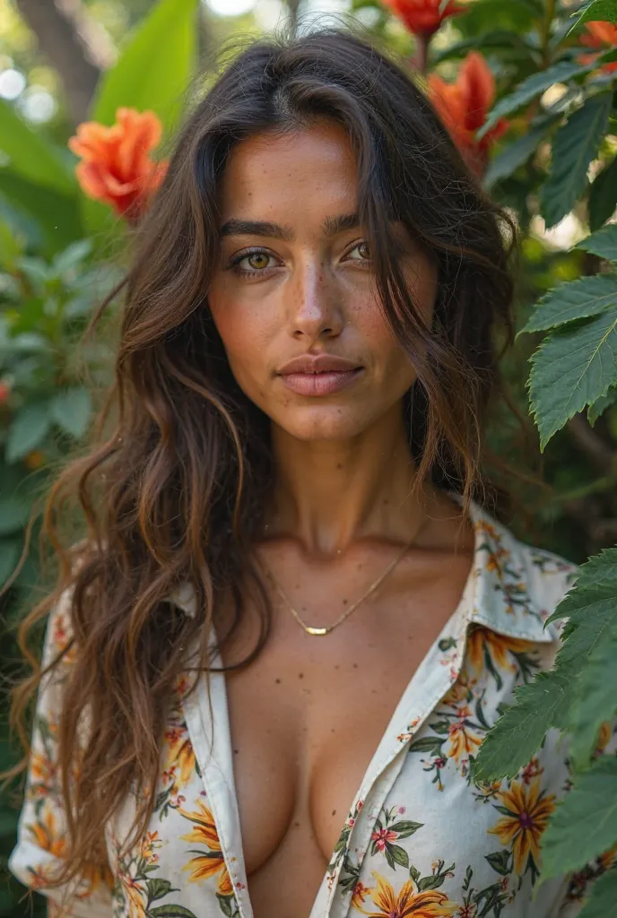 A Brazilian woman in a lush tropical garden,  wearing an open shirt with floral print, with a close up capturing the harmonious beauty between your breasts and the natural flowers, showing your natural charm and personality