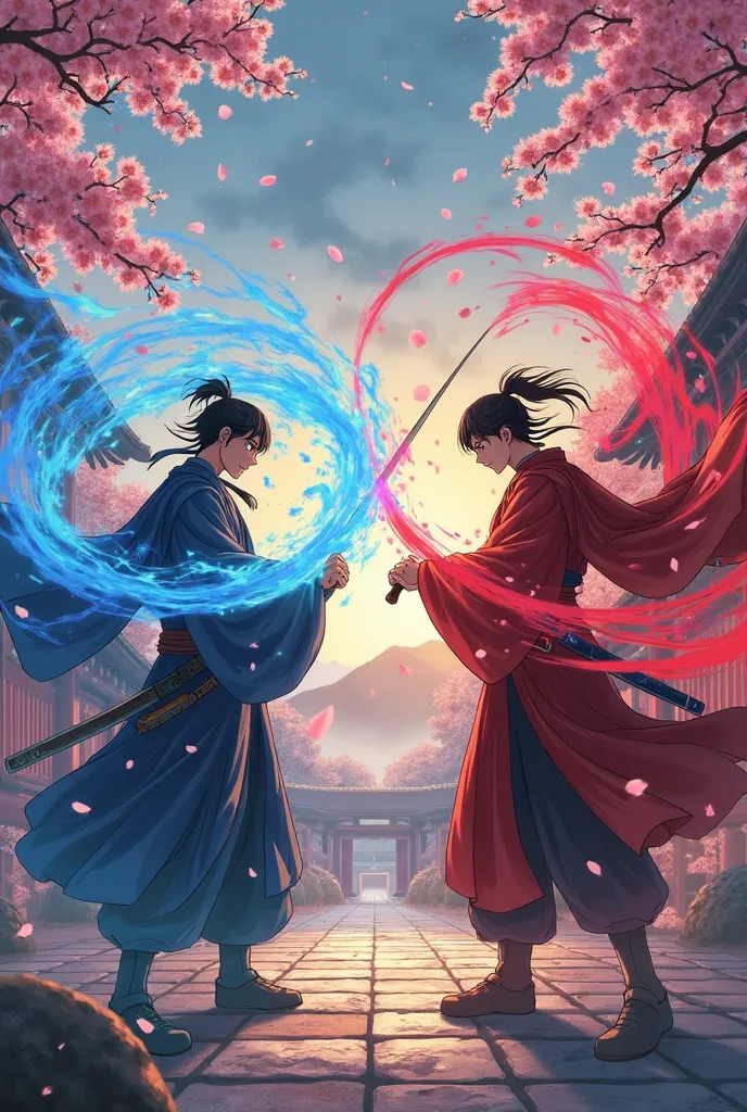 two rival martial artists that unfold in the courtyard of Yamadera Action-packed battle scenes。One pours blue energy into his fist、and the other wields a traditional sword that gives off a red aura。cherry blossom petals and leaves dramatically swirl around...