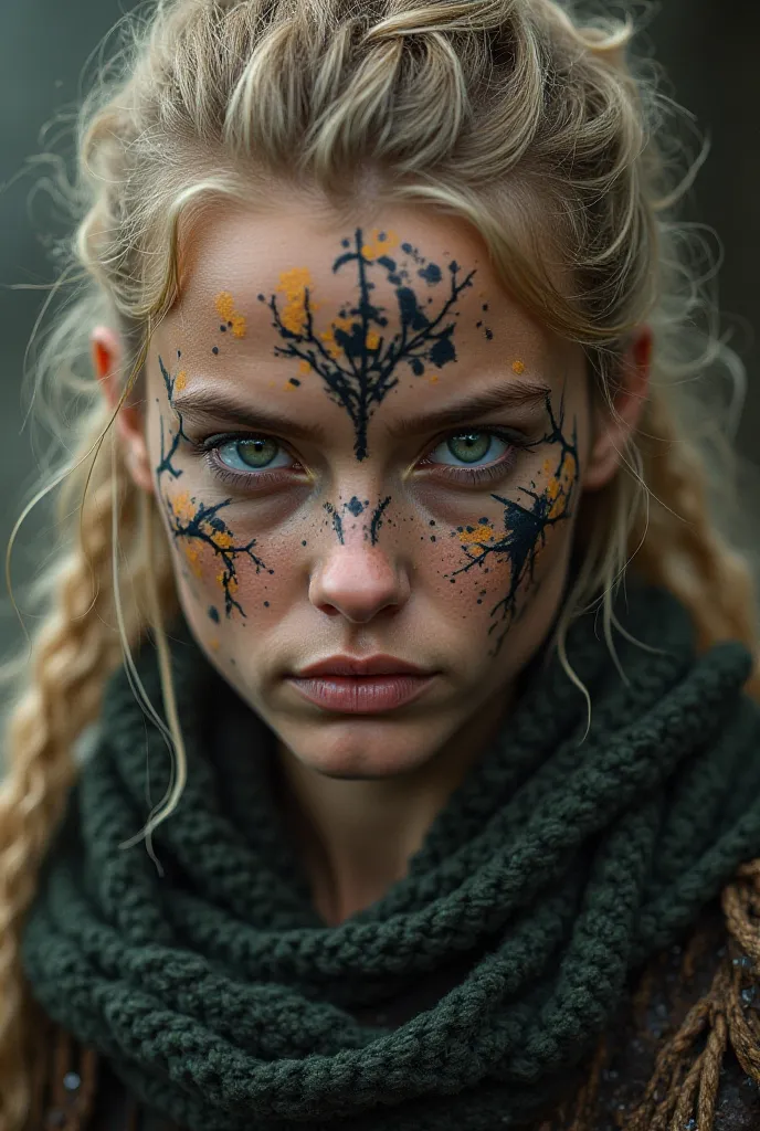 Blonde girl with green eyes wears vikings face paint