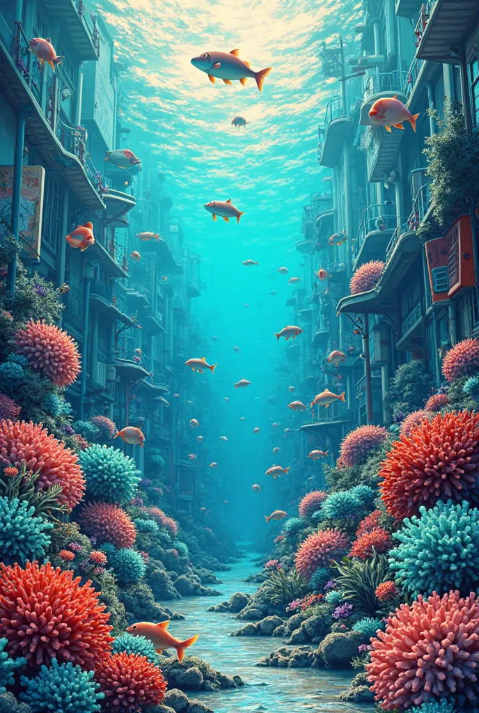 Horizontal wallpaper for illustration of marine animals and the ocean, That they have blue colors,  turquoise,  Red-orange , that looks urban and modern between graffiti and Japanese art