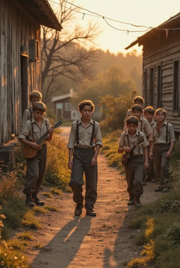 A group of seven  ren from the 1930s, dressed in worn linen shirts, braces and faded scarves, playing in a small town courtyard. The scene shines under the warm sunset, casting long shadows on weathered wooden houses and a winding dirt path