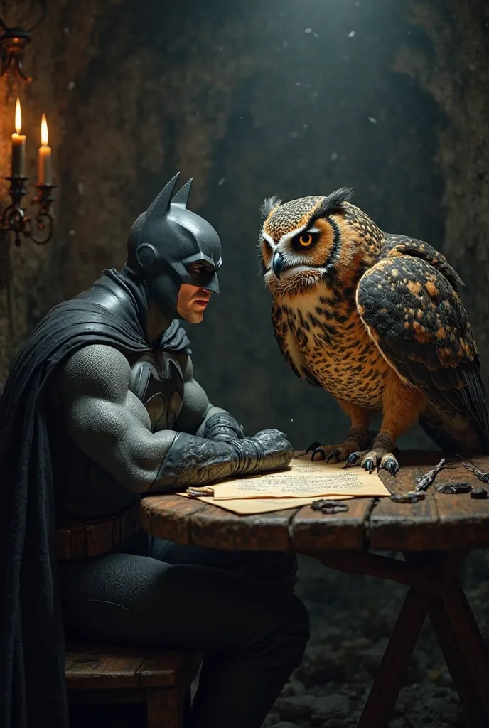 Created a picture of an owl and Batman sitting at a table. 