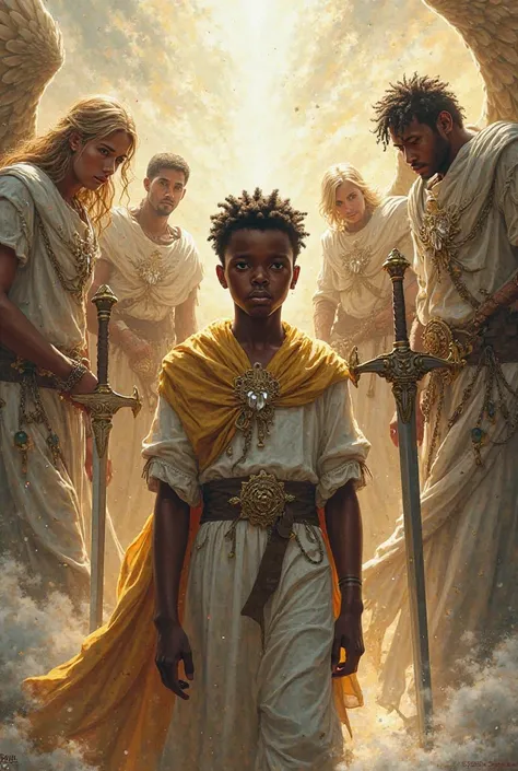 Black boy and angels with swords and shields in drawing