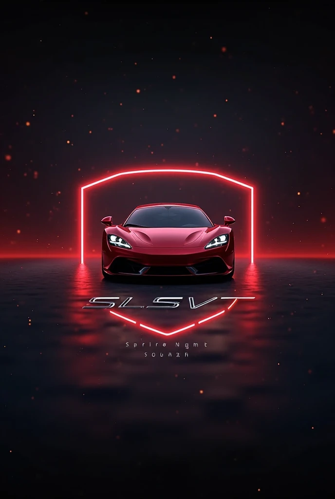 Create a high-quality animated logo of a futuristic automotive brand. The logo should feature a sleek, red sports car silhouette inside a shield, with dynamic motion effects like neon light streaks, speed trails, and a glowing edge. The text ‘SLSVT’ should...