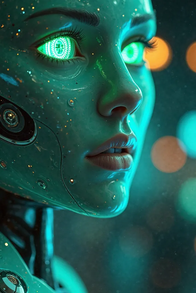 Create the face of a humanoid robot with green eyes that is speaking on the screen of a quantum computer in a top-secret laboratory, guiding a group of Arab Islamic spies who control streets and road traffic signaling systems to prevent accidents with futu...