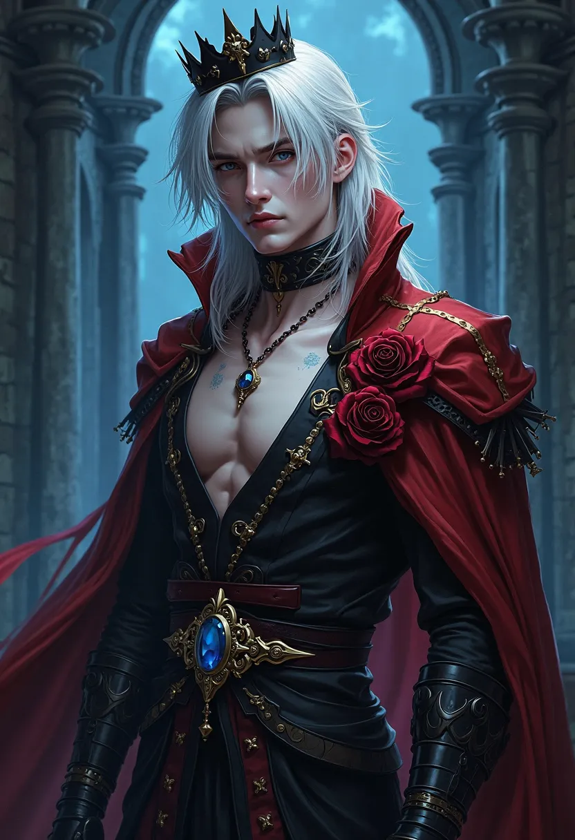 A male character with an elegant and mysterious aura, dressed in luxurious vampire-themed attire. His skin is pale, with a piercing gaze and a slightly melancholic expression. His long, silver-white hair flows freely, with a few strands caught in the wind....