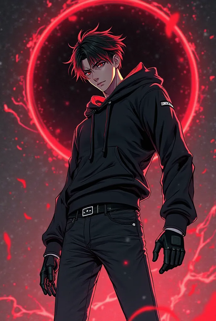 A handsome tall man with black hair with bright red tips and with black eyes with bright red pupils and a black hoodie in the back,All-black jeans,black belt,Black sneakers under white and 2 black gloves with incredible immeasurable Aura with a pose that i...