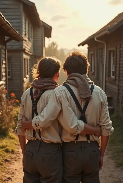 Группа из семи s 1930-х годов, dressed in worn linen shirts, braces and faded scarves, stand hugging their shoulders in the courtyard of a small town. The scene shines under the warm sunset, casting long shadows on weathered wooden houses and a winding dir...