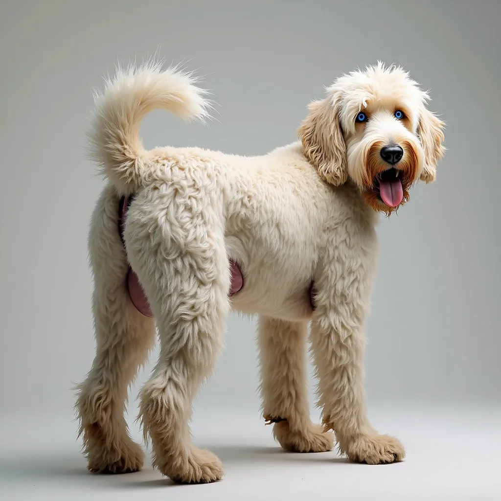 Hyperrealistic, real, highly detailed, true to life, realism, view from behind, presenting hindquarters, purebred old english sheepdog, rear end, sanitary trim, anus, testicles, natural fur staining, clearly visible anus, clearly visible testicles, anatomi...