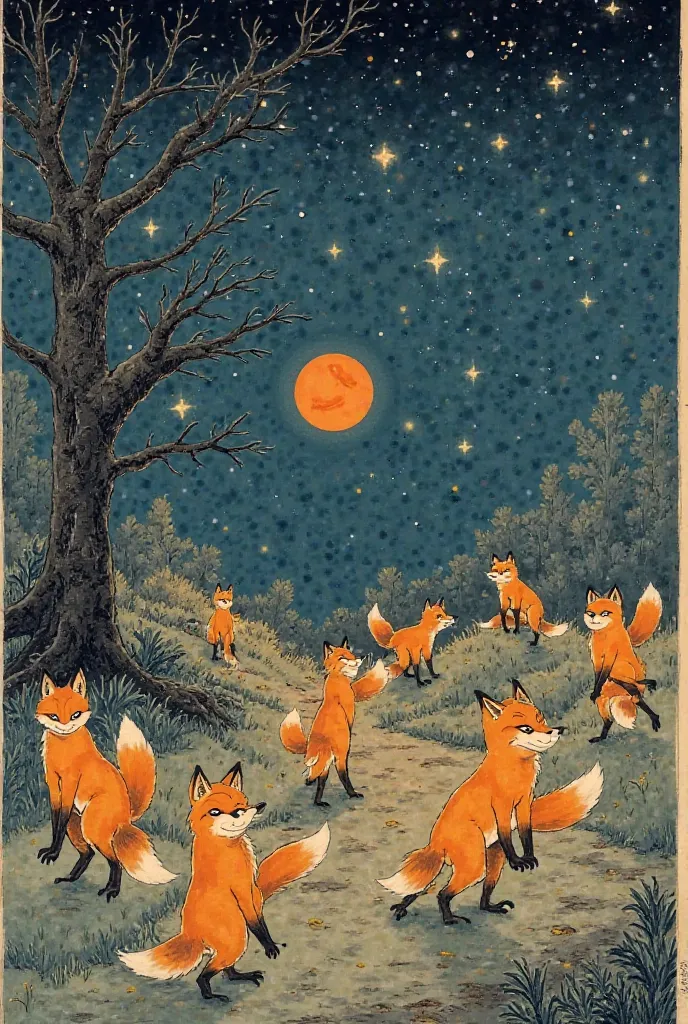 "The picture in the frame moves", "Foxes dance as if they jump one after the other", "When the fox jumps, Stars flash in the night sky and shooting stars appear", Dawn , "When dawn rises, , the foxes disappear and", "A dark night sky with stars and one dea...