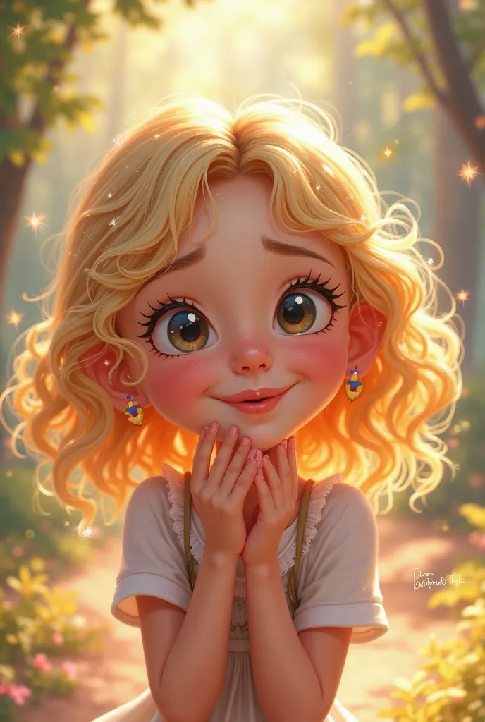 create a little blonde girl with light eyes with a smile on her face Disney style
sending a kiss