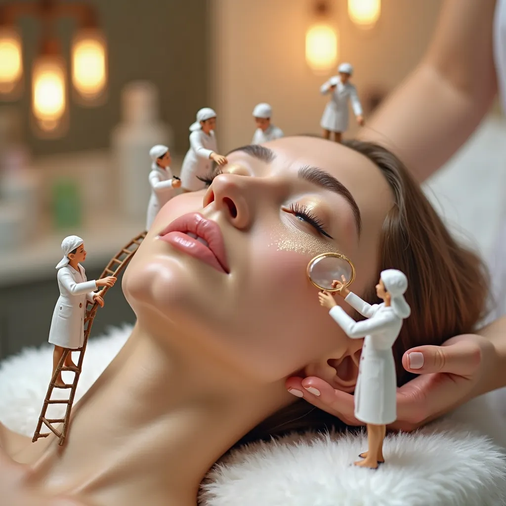 A highly detailed, professional studio photograph showcasing tiny, realistic miniature beauty experts performing a luxurious skincare routine on a full-sized human face. Some experts stand on tiny ladders, applying cream with precision brushes, while other...