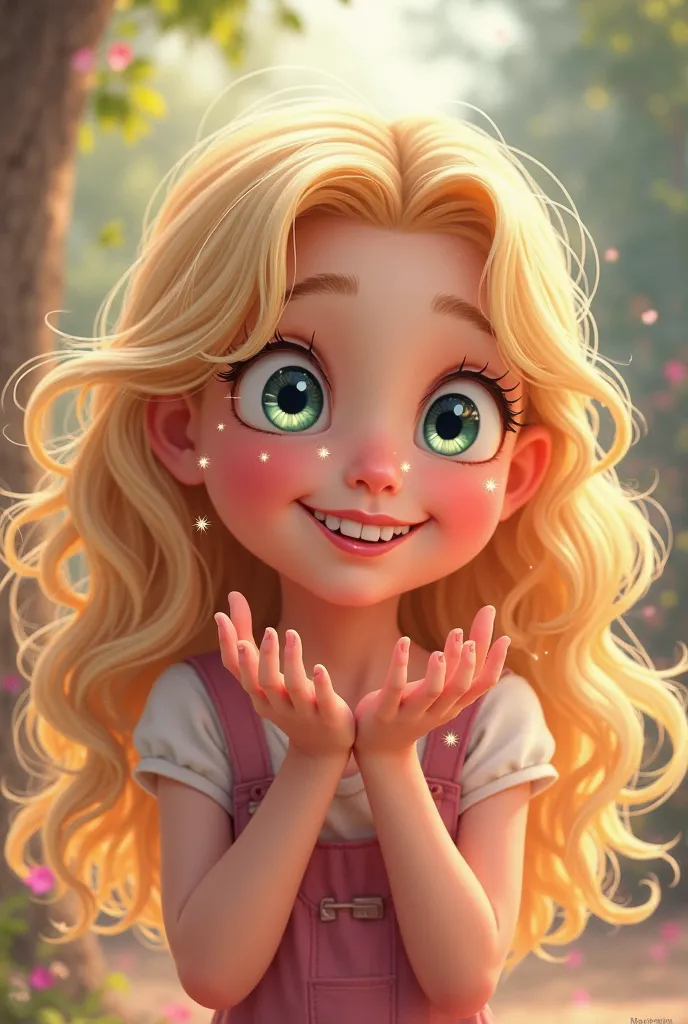 create a little blonde girl with light eyes with a smile on her face Disney style
sending a kiss