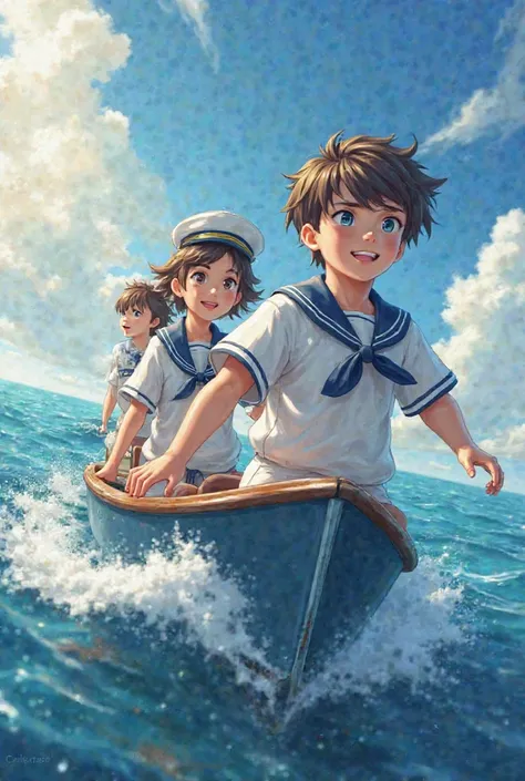 Three young seafarers in uniform sailing on a boat