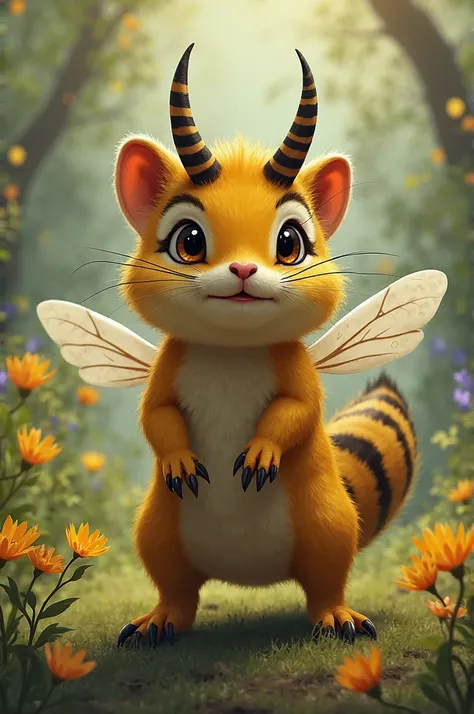 Generate an image of a bee with 4 limbs resembling those of a chipmunk. The “Honeymunk” is a hybrid of both creatures. The honeymunk has a retractable, transparent wings. It also has horns resembling those of a rhino upon its head next to its antenna. The ...