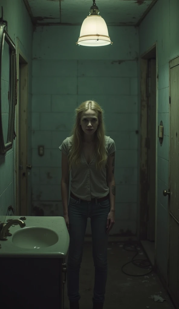 The Blonde in the Bathroom appears in the background of an empty and dilapidated bathroom, looking directly at the camera with a dark smile. The faint light of the broken lamp partially illuminates her pale face and penetrating eyes.  The surrounding envir...