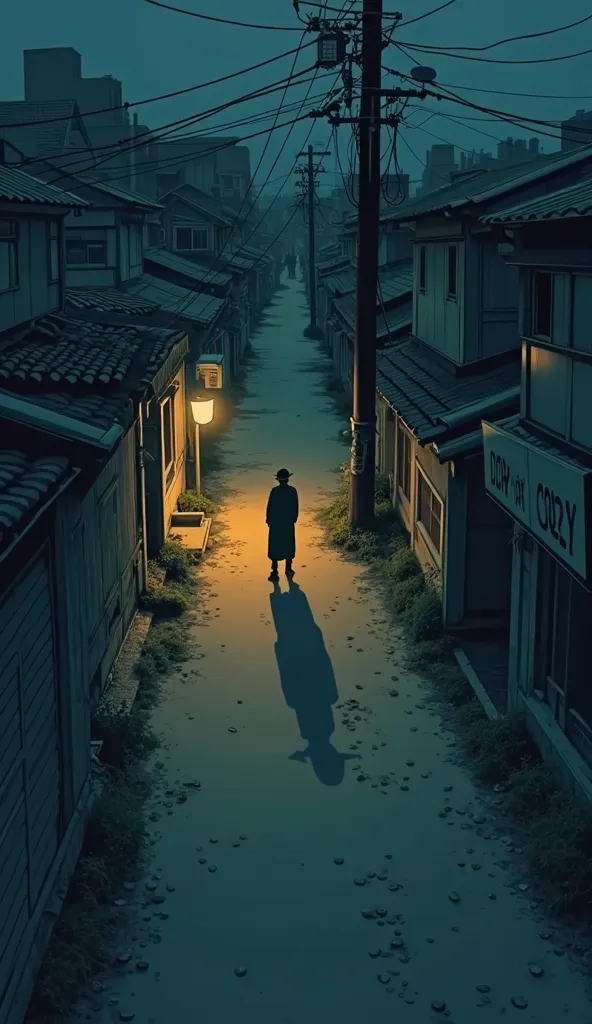 Sazae-san style 、The shadow of a detective hiding in a corner and breaking in under the street lights of a Showa telephone pole is reflected on the dirt road、 composition from above