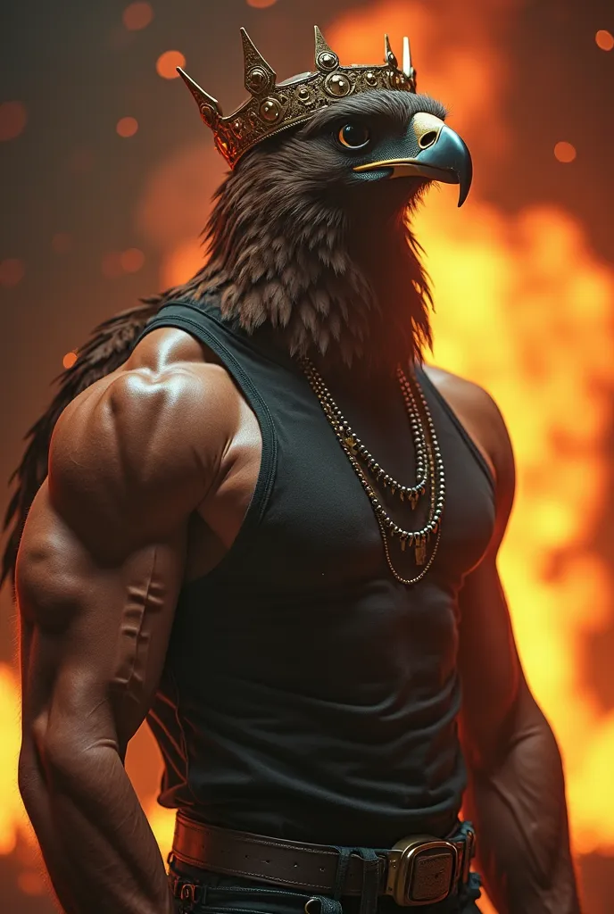 falcon with a head in a crown, pumped up male body in a tank top, realistic portrait, high detail, photorealistic atmosphere, 4K, HDR, professional lighting, mastery,  perfect sharpness , deep study, bright rich colors, dramatic lighting,  atmospheric, ten...