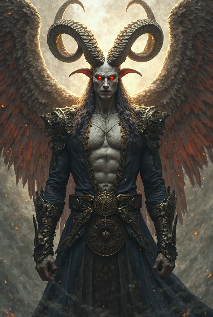 A male demon, named Zeroth Morningstar, who is the  of Lucifer Morningstar, He had ram horns, wings of a cockatrice, average height, pale skin, has red yellow pupils,