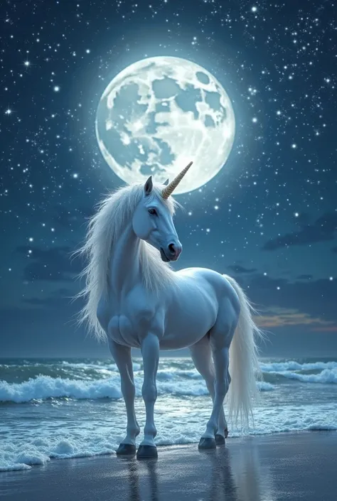 Unicorn on the beach at night and with the moon and sky with stars