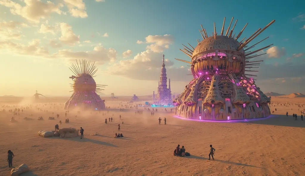 A Cinnematic Photo of a vast daytime desert scene at the Burning Man event featuring massive art installations, scattered dust, and surreal tribal sculptures with futuristic metallic accents, vibrant ambient lighting, and expansive sky 