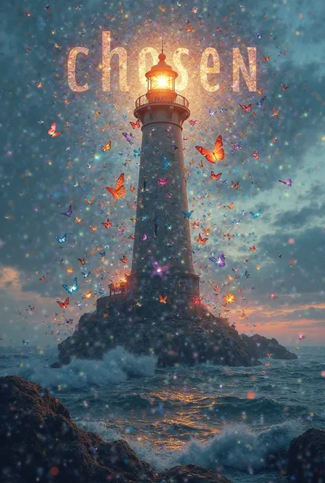 Lighthouse coming out of butterflies like a beam of light writing the word CHOSEN 