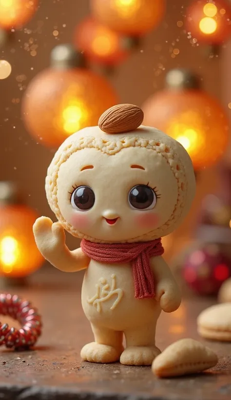 A charming and lively Eid ghorayeba cookie character with its head as a perfectly round, smooth butter cookie in a soft off-white, pale beige color. A single almond is gently pressed on top, slightly embedded in the dough. The character has large, expressi...