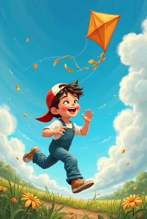 create a  with a backwards cap and overalls with his bangs showing in Disney style running, flying a kite and smiling