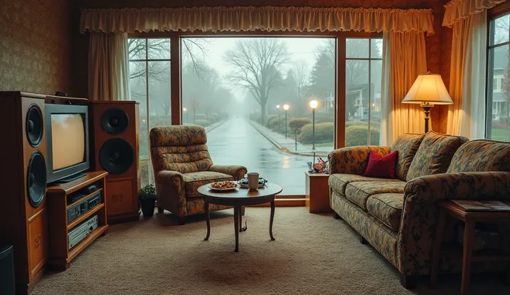 Authentic 1980s American home, perfectly frozen in time. A cozy patterned couch and matching armchair sit near a bulky wooden TV with a VHS recorder below. Large wooden speakers stand beside a stereo system, ready to play classic '80s tunes. The thick carp...