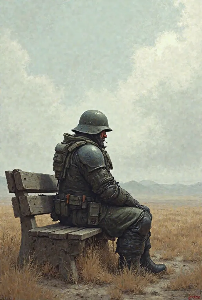 Make an armored soldier sitting on a bench looking up on the horizon 