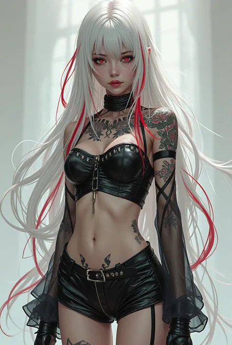 Beautiful girl, with white hair, in which there are red strands.  Skinny, tall and tattooed on the shoulders, legs and neck. She is wearing black , short top with translucent sleeves , short black shorts and massive black anime-style boots 
