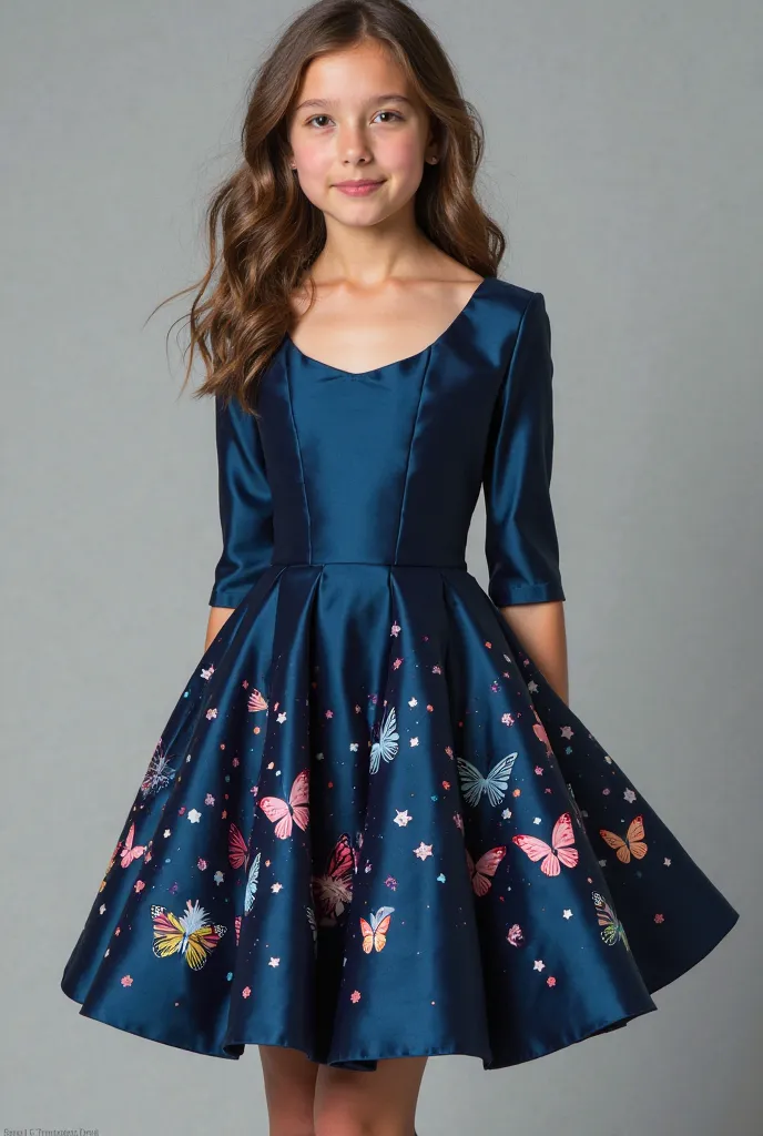 Create a dress for a fifteenth birthday party, a cleaveless bluster-cut dress with 3 sleeves/4, The length should be knee-length and should be a shade of midnight blue with flashes of butterflies.