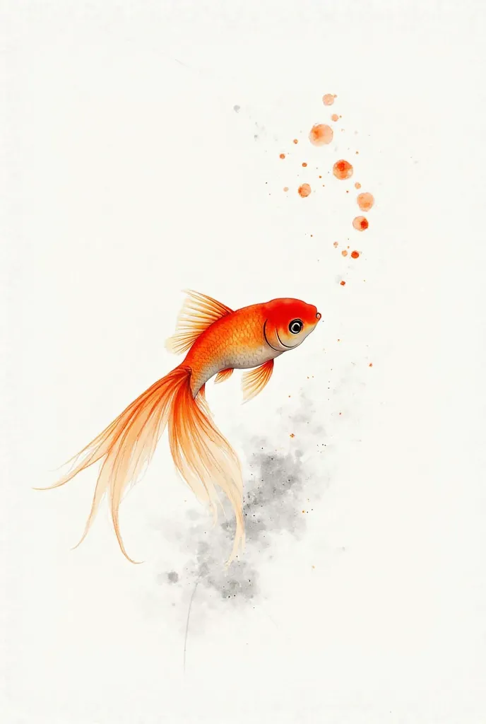 A delicate and minimalist Japanese-style watercolor painting of a goldfish swimming gracefully in ink-wash water. The goldfish has flowing, translucent fins in soft shades of crimson and orange, with subtle gradients that mimic the gentle diffusion of real...