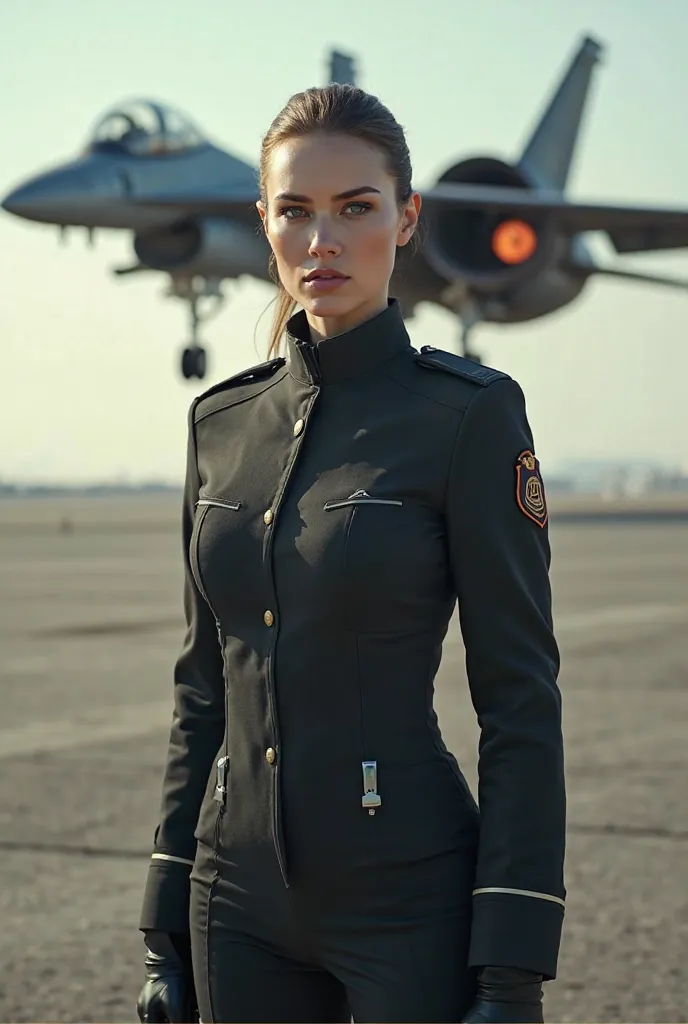 Create for me the image of a woman in black military uniform the plane took off 