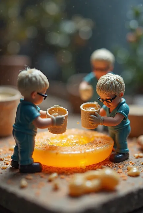 "A detailed miniature scene of tiny figurines pouring resin into a mold. The tiny workers wear gloves and protective glasses while handling tiny mixing cups and stirring sticks. The resin glows under soft studio lighting."