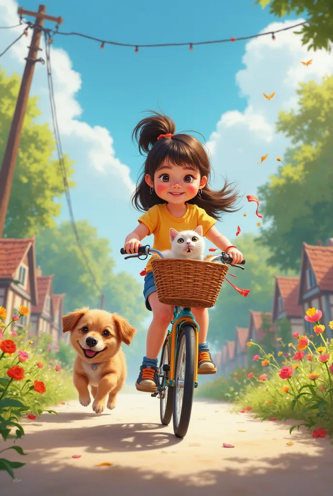 A  age girl drive the cycle with her pet