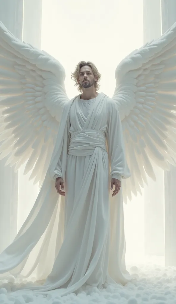 A male angel looking forward.  wearing white clothes . The setting is a white background.