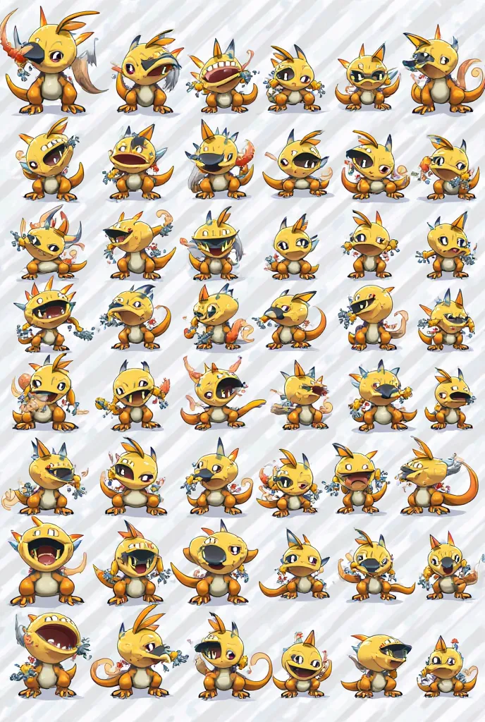 I want a chart with exactly 64 sprites of the digimon agumon, each of them must be a 64x64 sprite, the sprites should look similar to old pokemon sprites from the games pokemon firered and leafgreen. I want exactly 64 sprites with exactly 64x64 dimensions,...