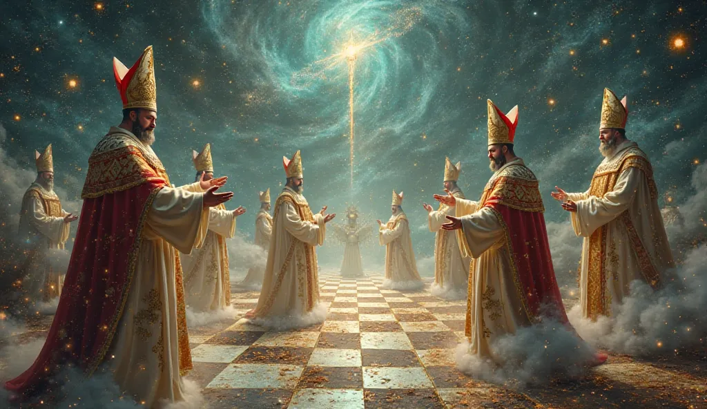  A surreal depiction of a chessboard where bishops and cardinals move as pieces in a divine game.